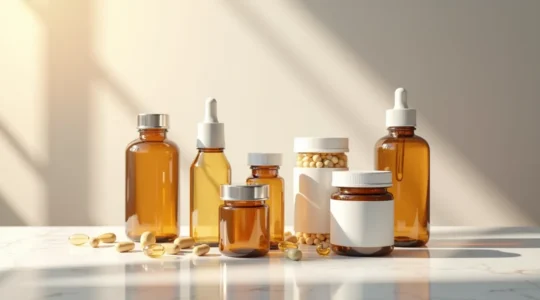 Illustration d'une sélection de compléments alimentaires de qualité premium en environnement minimaliste