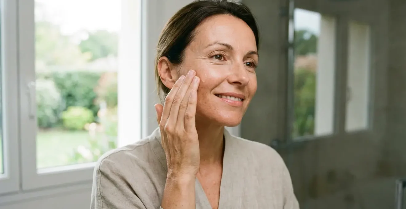 Femme appliquant un sérum hydratant sur sa joue pour sa routine beauté quotidienne