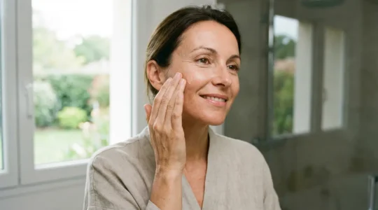 Femme appliquant un sérum hydratant sur sa joue pour sa routine beauté quotidienne