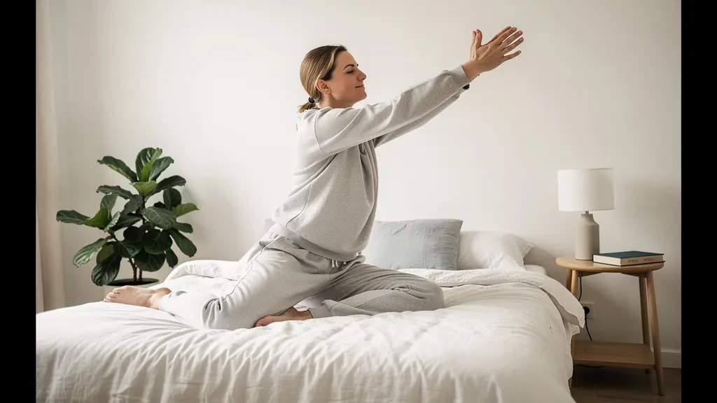 Femme s'étirant paisiblement le matin dans une chambre lumineuse