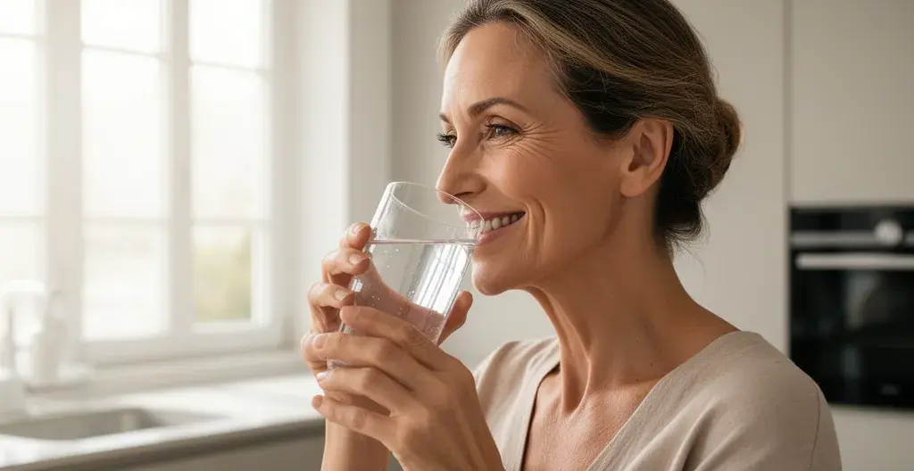 Femme buvant un verre d'eau dans sa cuisine lumineuse pour s'hydrater
