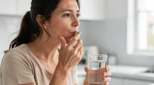 Femme prenant un complément de magnésium bisglycinate au petit-déjeuner